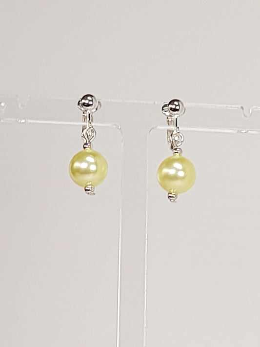Handmade Pale Yellow Faux Pearl Clip-On Drop Earrings