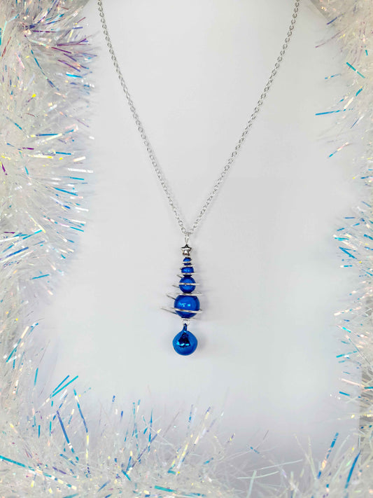 Blue Miracle Bead Christmas Tree Necklace with Blue Jingle Bell