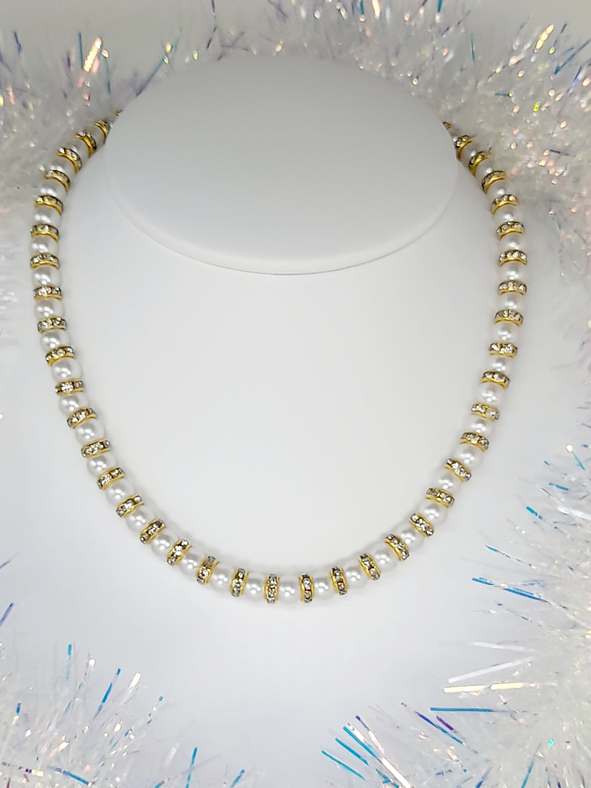 White Pearl and Gold Rhinestone Christmas Necklace - Just My Jewellery Shop