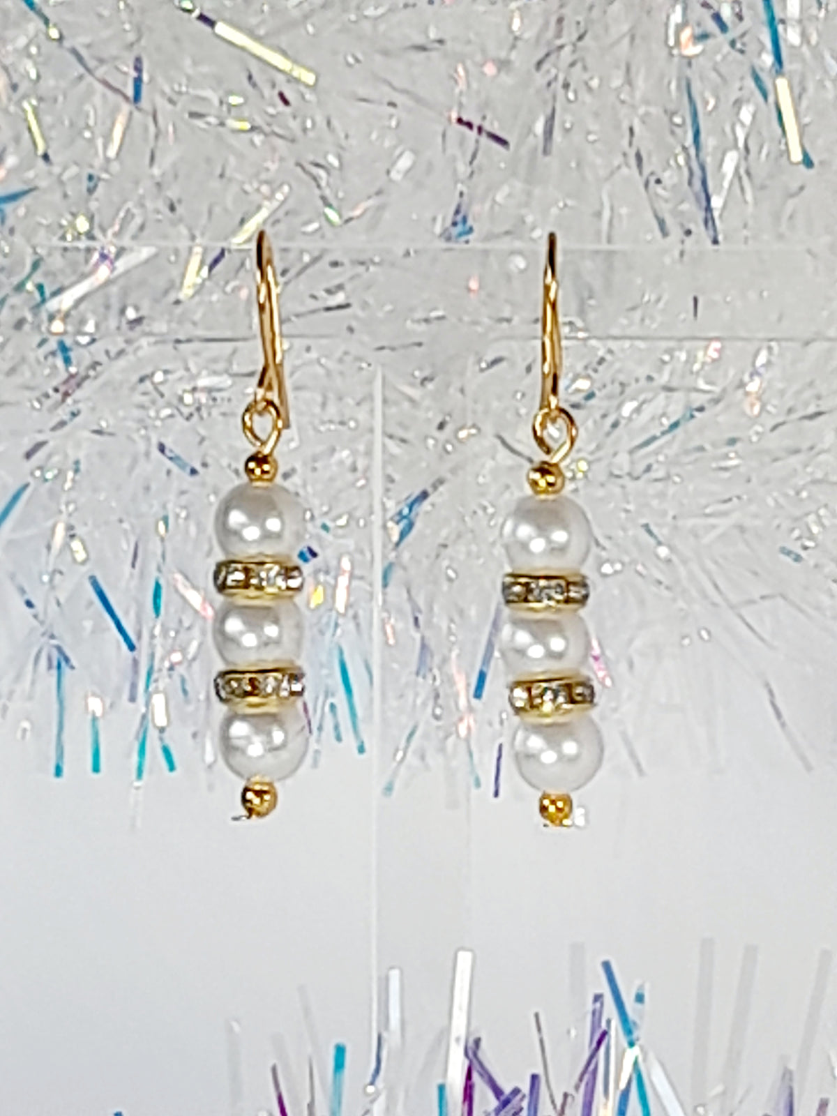 White Pearl and Gold Rhinestone Christmas Drop Earrings - Just My Jewellery Shop