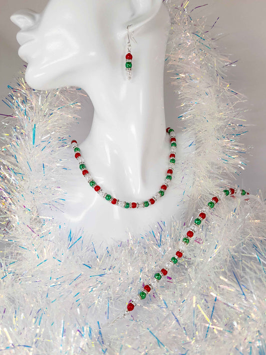 Christmas Pearl Bead Necklace in Red White and Green with Rhinestone Spacers