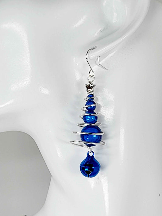 Blue Miracle Bead Christmas Tree Earrings with Blue Jingle Bell