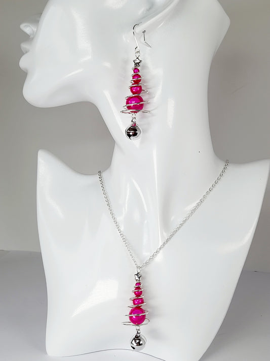 Hot Pink Miracle Bead Christmas Tree Jewellery Set with Silver Jingle Bell - Just My Jewellery Shop
