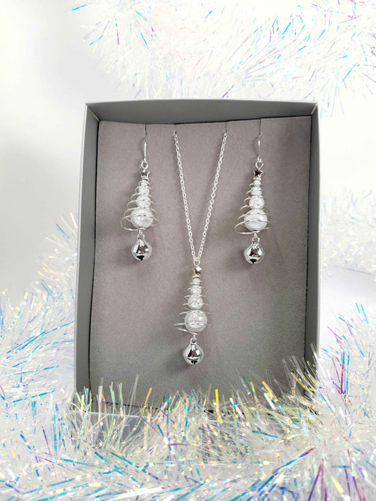 Silver Miracle Bead Christmas Tree Jewellery Set with Jingle Bell