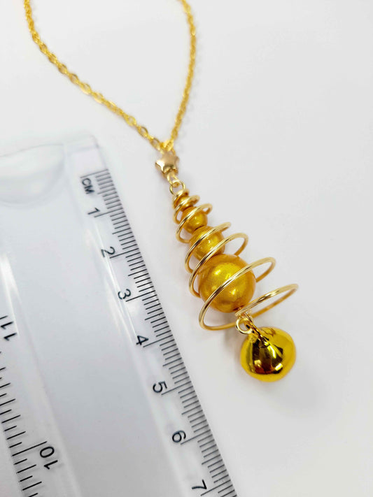 Gold Miracle Bead Christmas Tree Necklace with Gold Jingle Bell