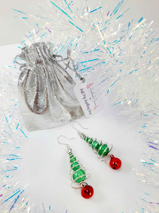 Green Miracle Bead Christmas Tree Earrings with Red Jingle Bell