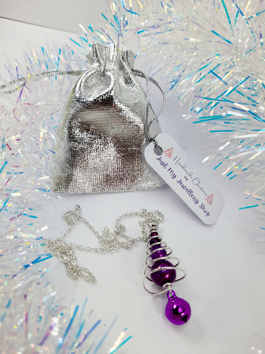 Purple Miracle Bead Christmas Tree Necklace with Purple Jingle Bell - Just My Jewellery Shop