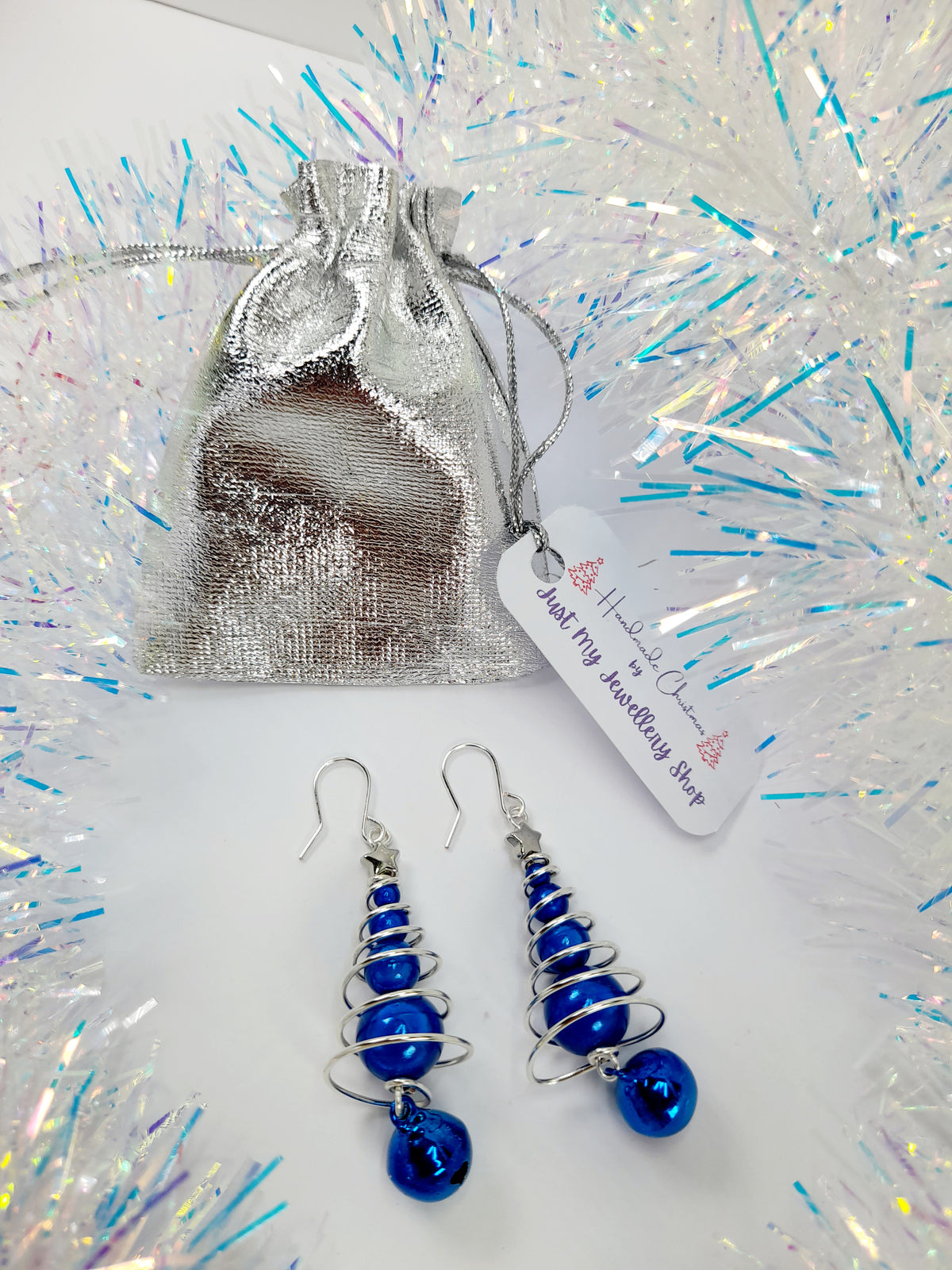Blue Miracle Bead Christmas Tree Earrings with Blue Jingle Bell - Just My Jewellery Shop