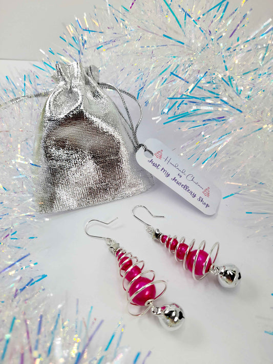 Hot Pink Miracle Bead Christmas Tree Earrings with Silver Jingle Bell