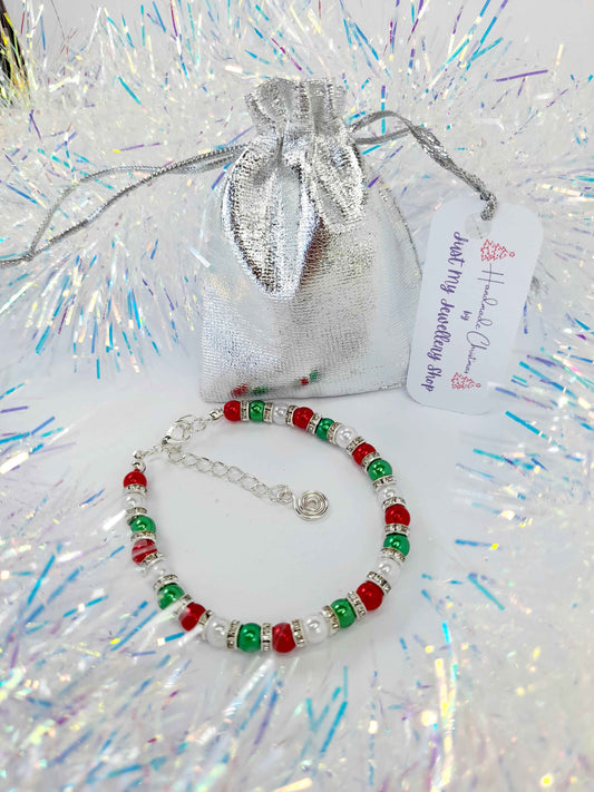Christmas Pearl Bead Bracelet in Red White and Green with Rhinestone Spacers