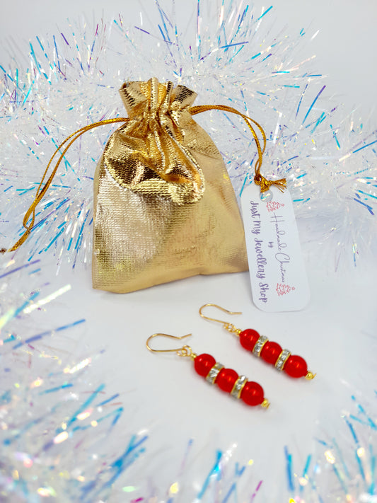 Red Pearl and Gold Rhinestone Christmas Drop Earrings - Just My Jewellery Shop