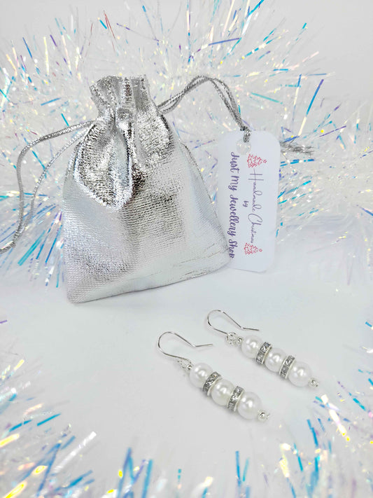 White Pearl and Silver Rhinestone Christmas Drop Earrings