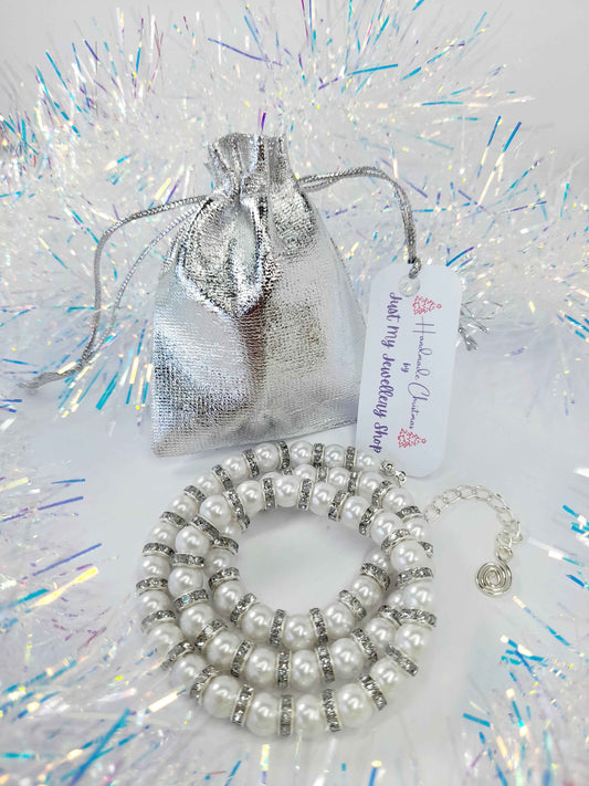 White Pearl and Silver Rhinestone Christmas Necklace