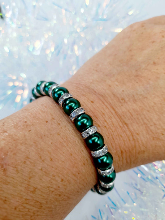 Green Pearl and Silver Rhinestone Christmas Bracelet