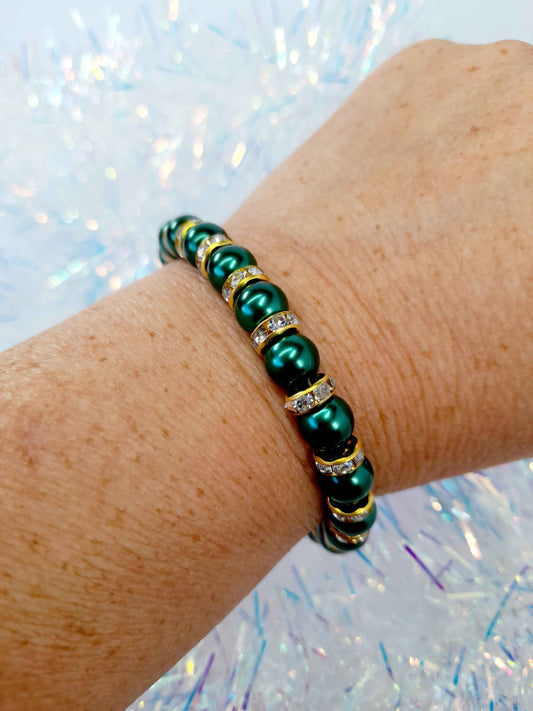 Green Pearl and Gold Rhinestone Christmas Bracelet