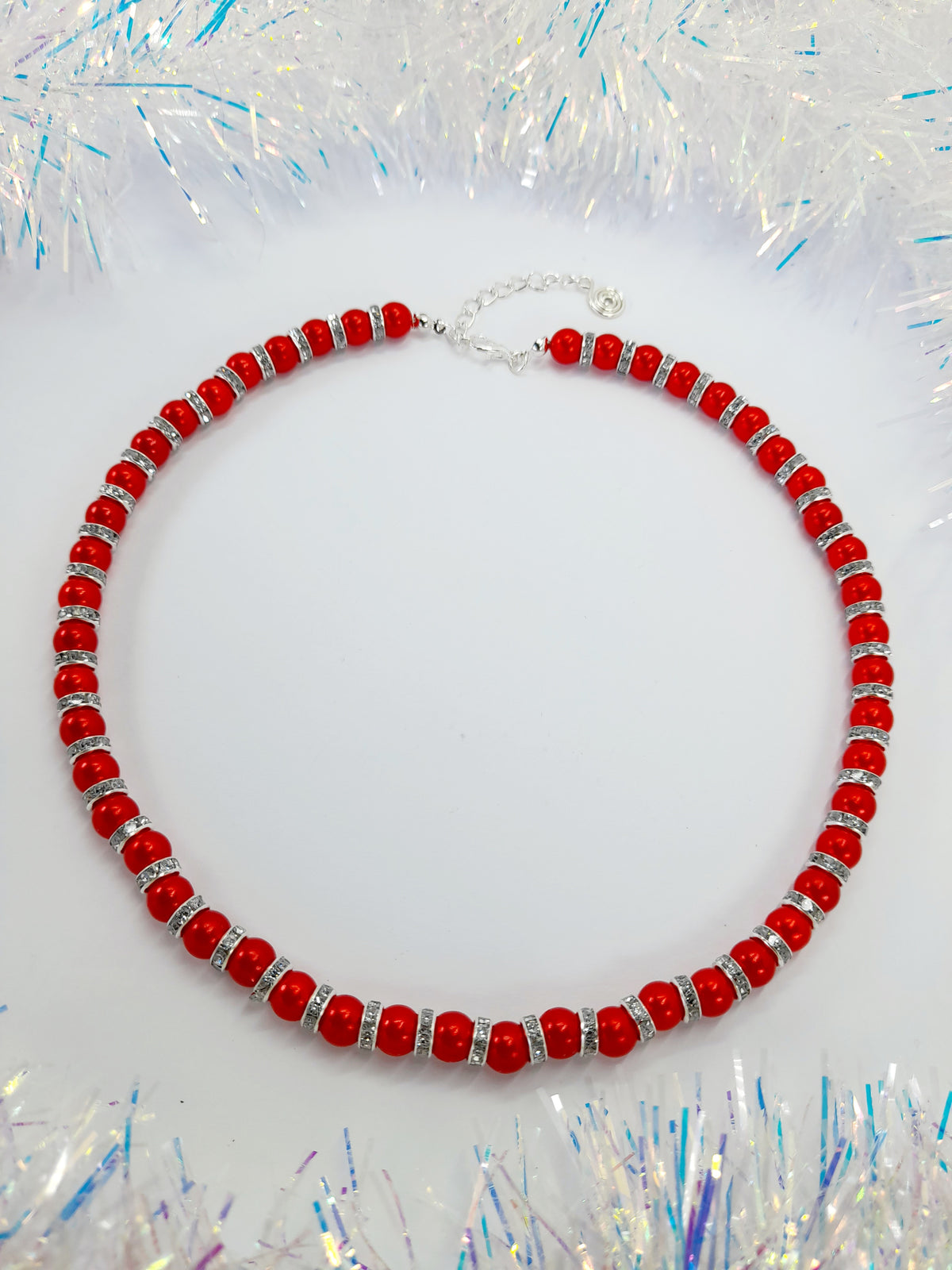 Red Pearl and Silver Rhinestone Christmas Necklace - Just My Jewellery Shop