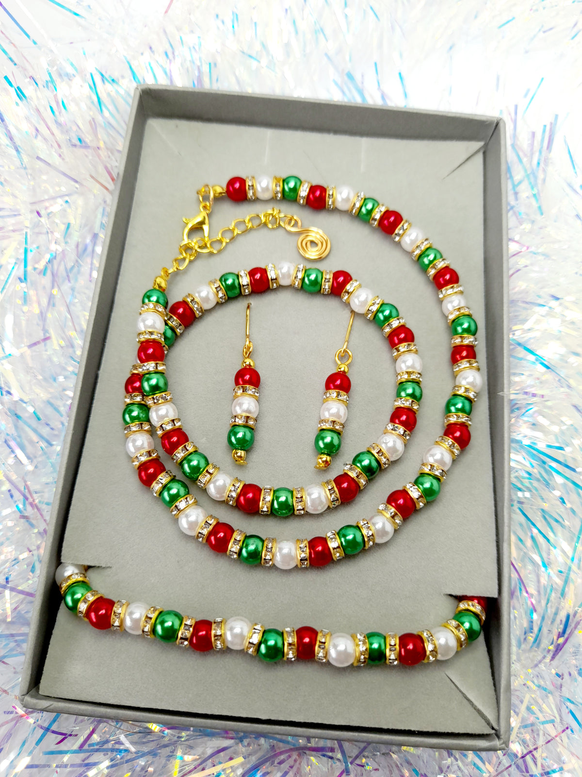 Christmas Pearl Bead Jewellery Set in Red White and Green with Gold Rhinestone Spacers - Just My Jewellery Shop