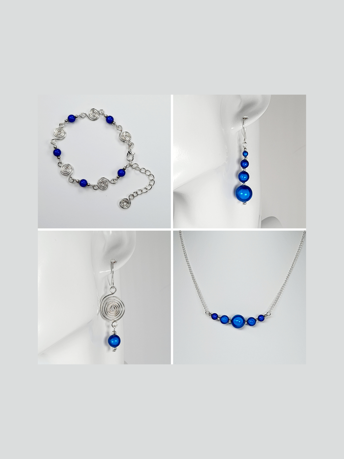 Bright blue miracle bead drop earrings and bead bar necklace with a spiral and bead bracelet and drop earrings.
