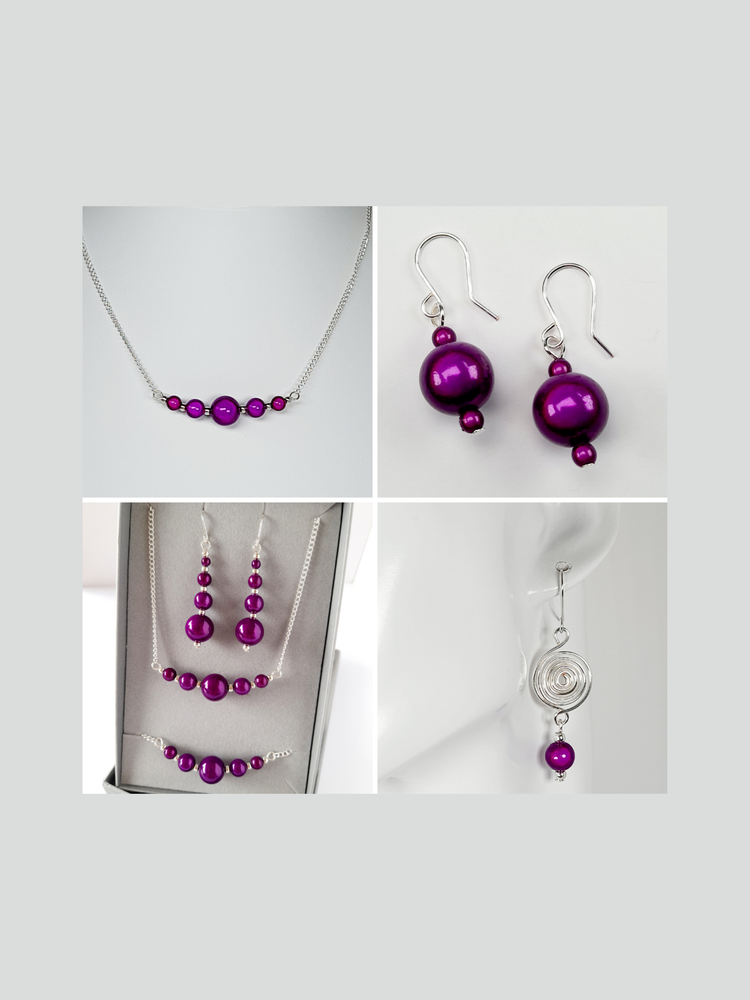 A collage of bright purple miracle bead and silver drop earrings, chain necklaces and adjustable bracelet