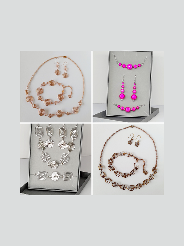 A collage of bead and spiral jewellery sets with drop earrings, necklaces and bracelets.