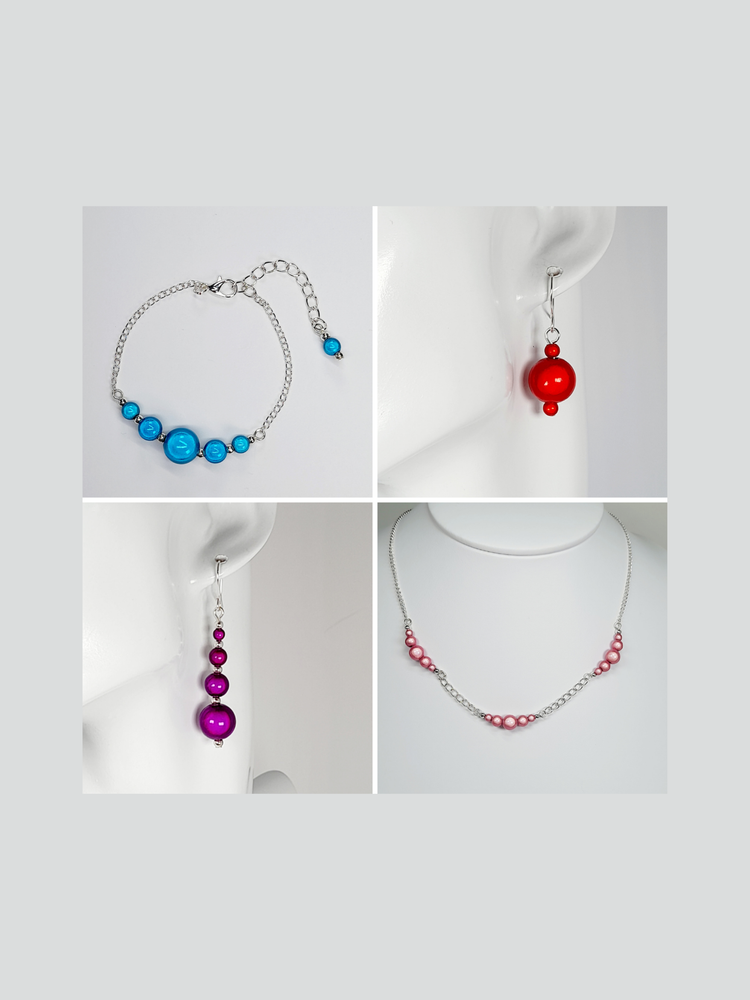 A collage of earrings necklaces, bracelets and earrings made with brightly coloured miracle beads and silver plated chain and wire.