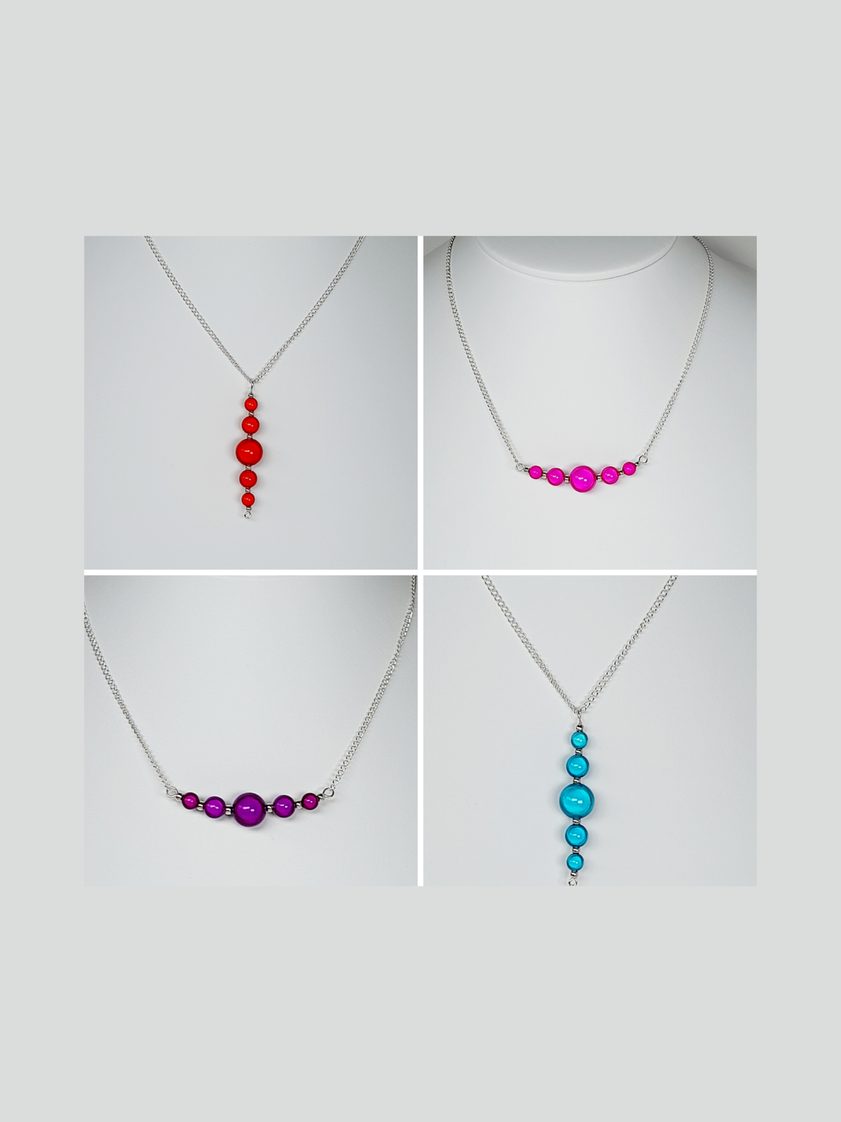 Collage of bright miracle bead necklaces with a graduated bar of beads, finished with silver plated chain and a silver plated lobster clasp.