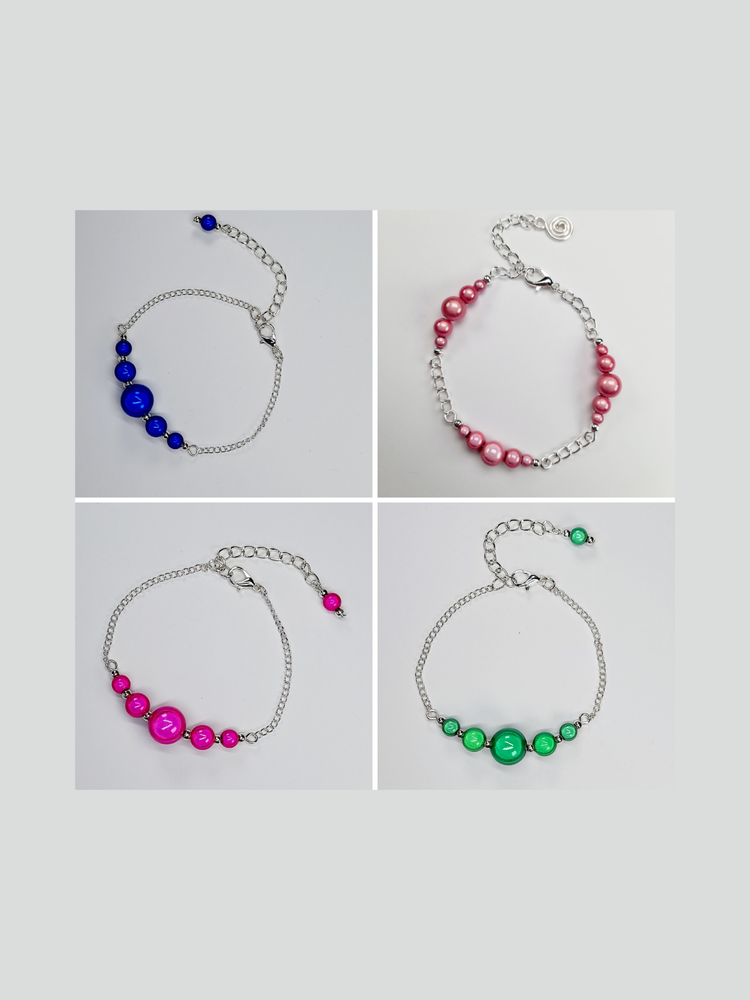 A collage of bracelets made with brightly coloured miracle beads and silver plated chain, each has a silver plated extension chain making the bracelets adjustable.