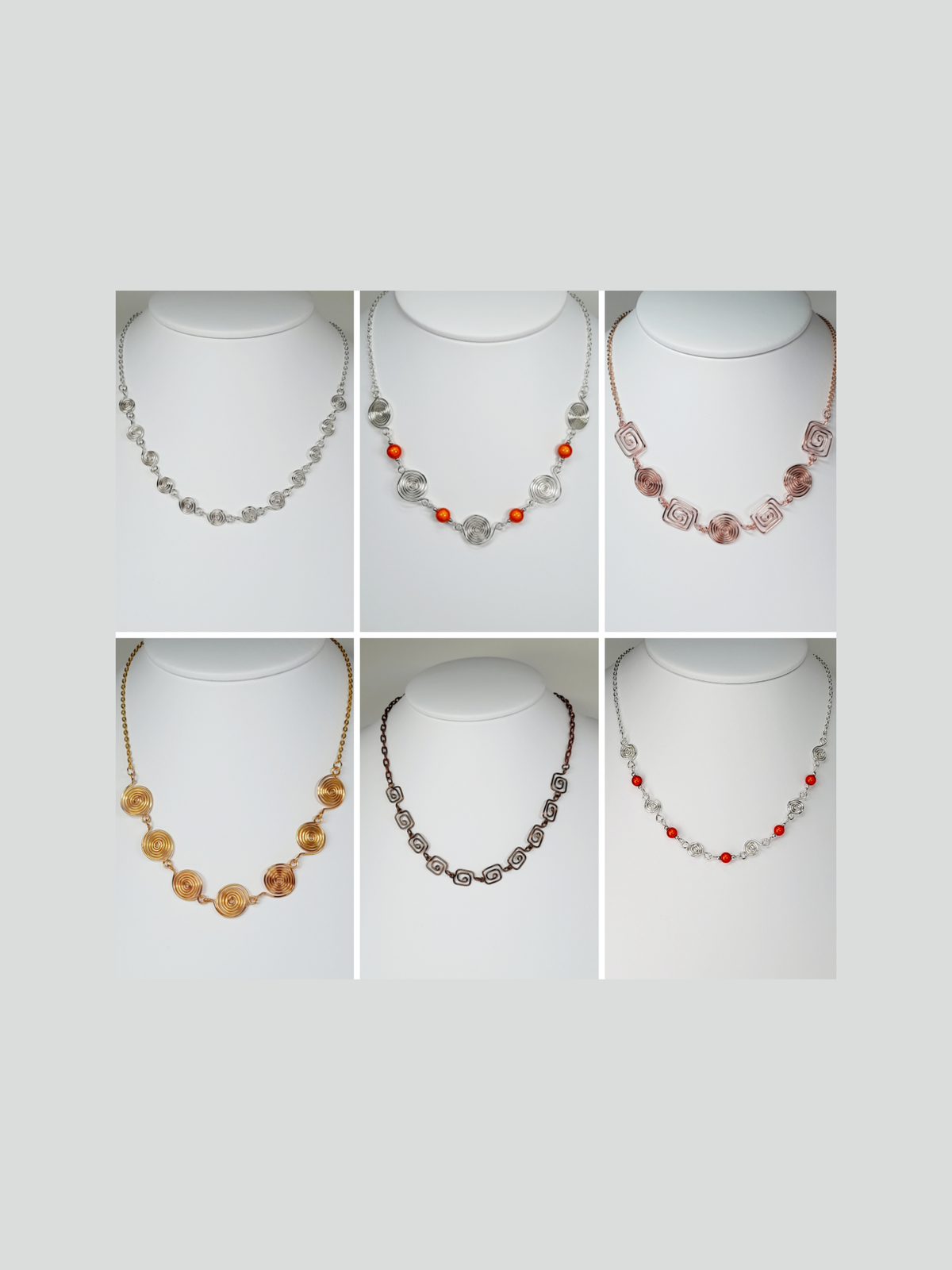 A collage of handmade necklaces made from handcrafted spirals in gold, silver, rose gold and bronze.