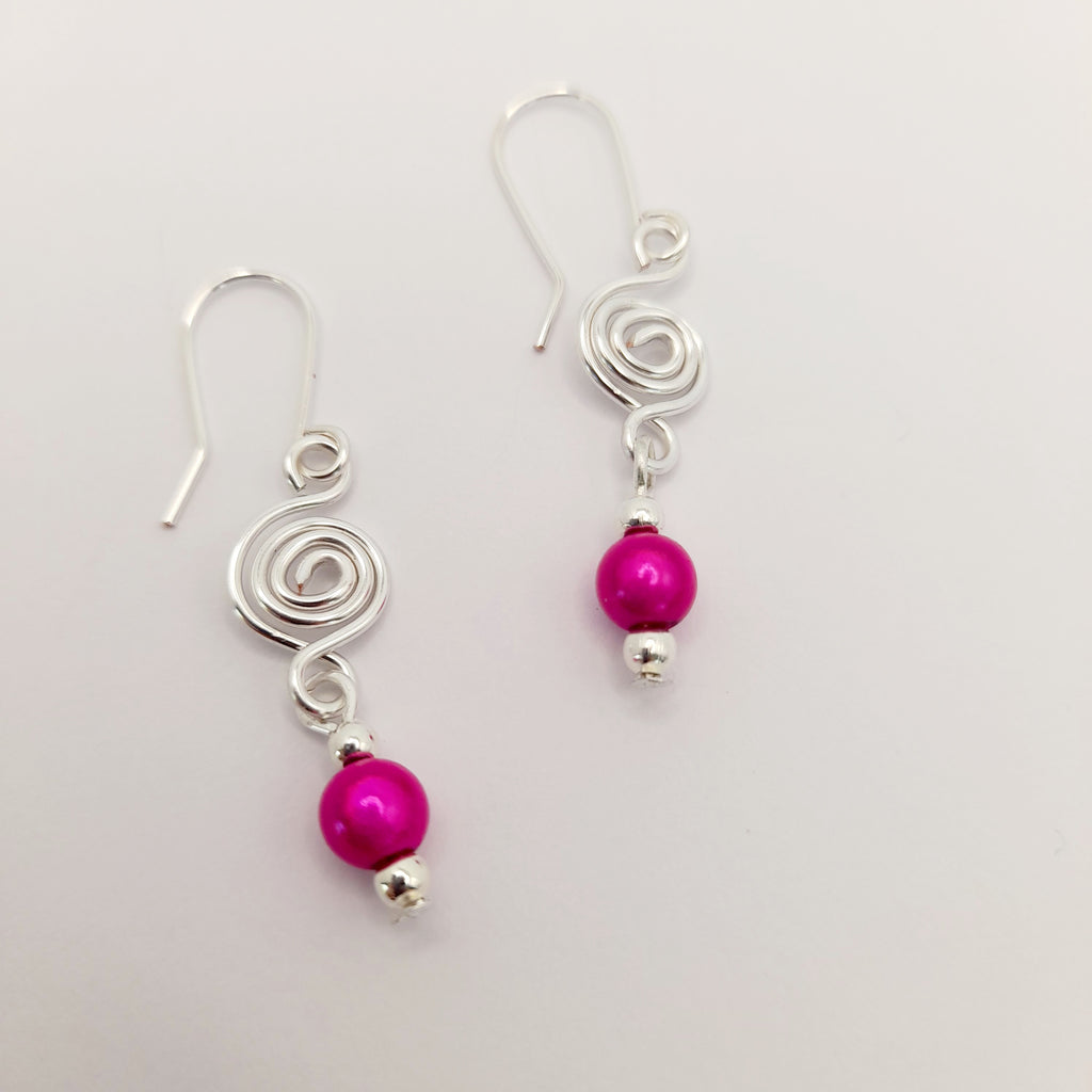 Dainty Silver & Pink Spiral Earrings, Handmade, Lightweight & Pretty