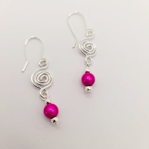 Dainty Silver & Pink Spiral Earrings, Handmade, Lightweight & Pretty