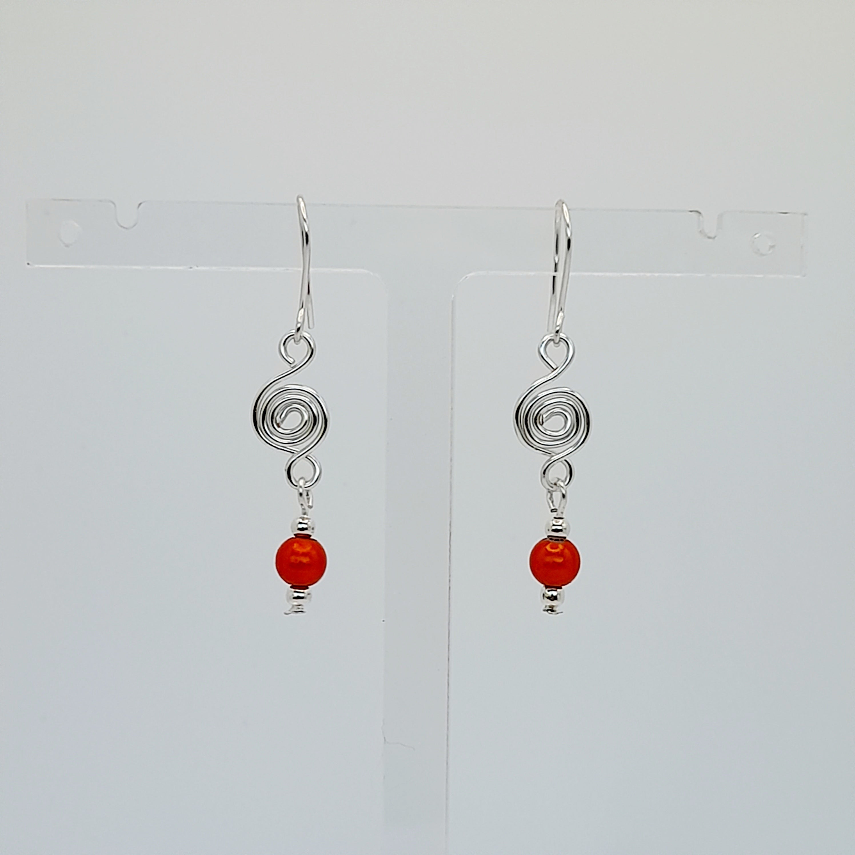 Dainty Silver & Orange Spiral Earrings, Handmade, Lightweight & Pretty