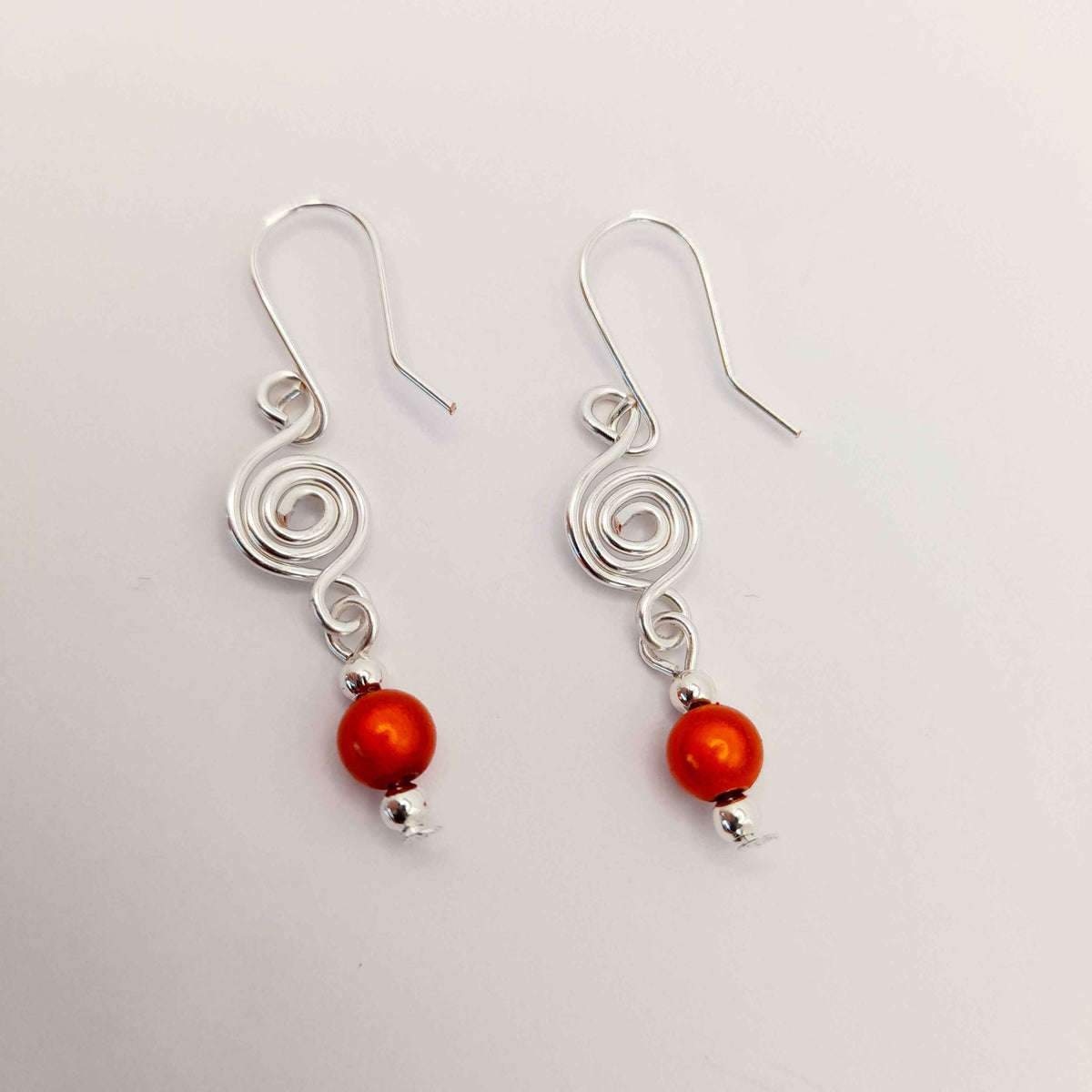 Dainty Silver & Orange Spiral Earrings, Handmade, Lightweight & Pretty