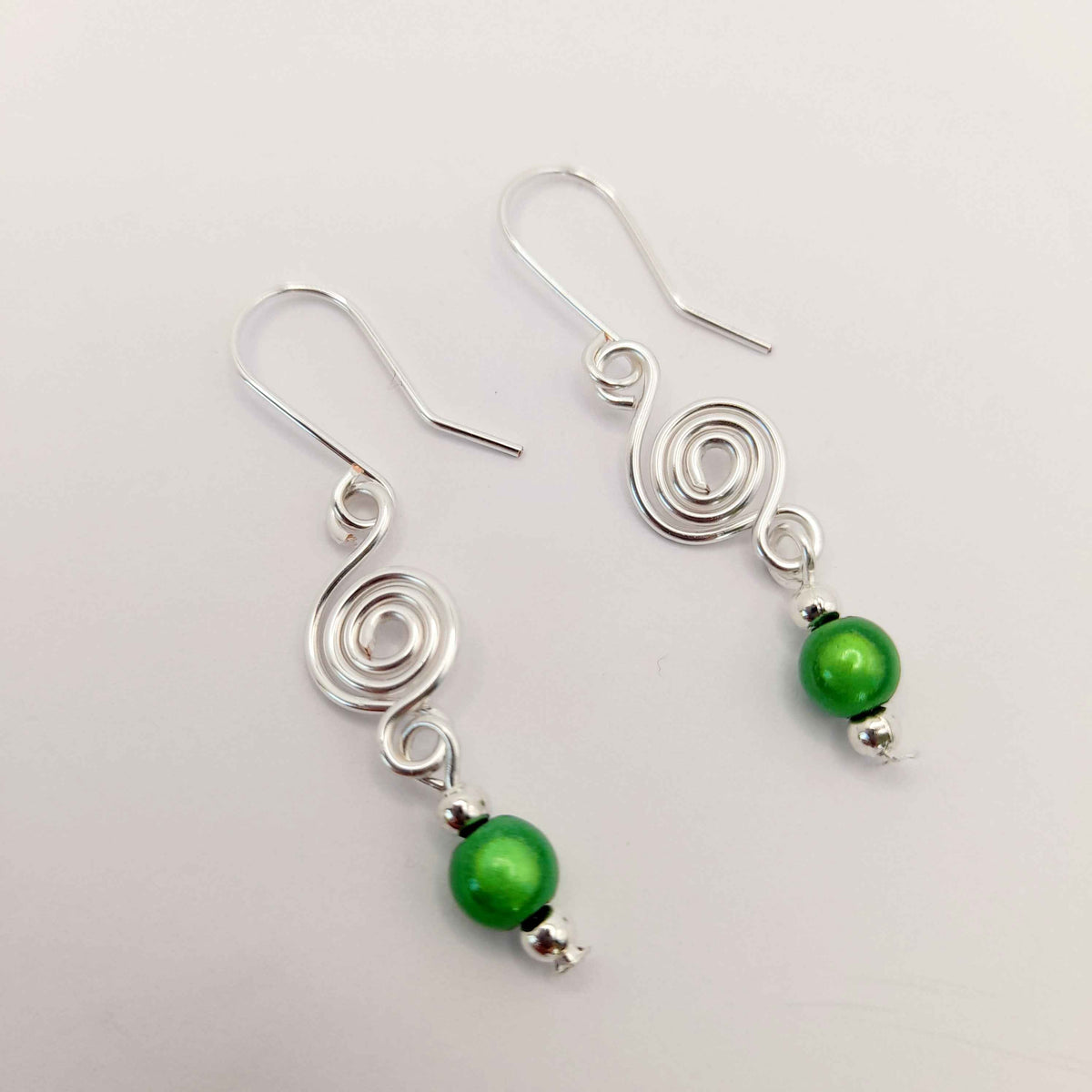 Dainty Silver & Green Spiral Earrings, Handmade, Lightweight & Pretty