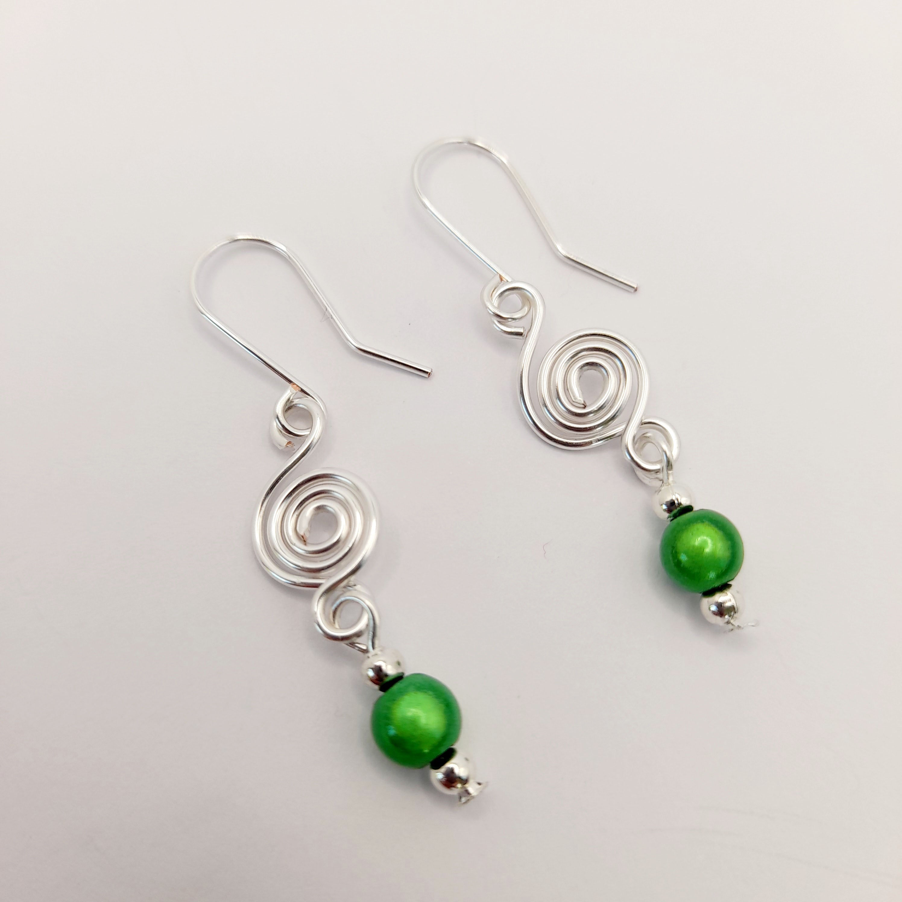Dainty Silver & Green Spiral Earrings, Handmade, Lightweight & Pretty