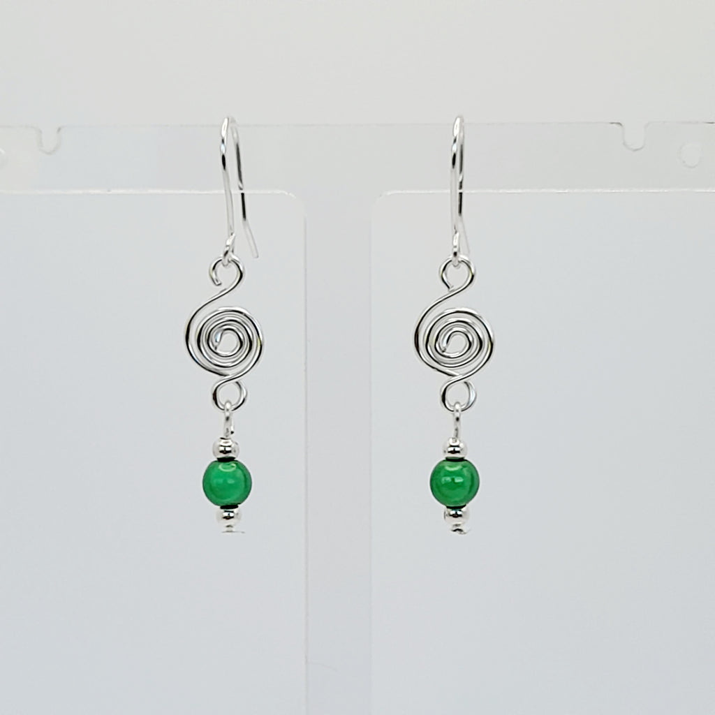 Dainty Silver & Green Spiral Earrings, Handmade, Lightweight & Pretty