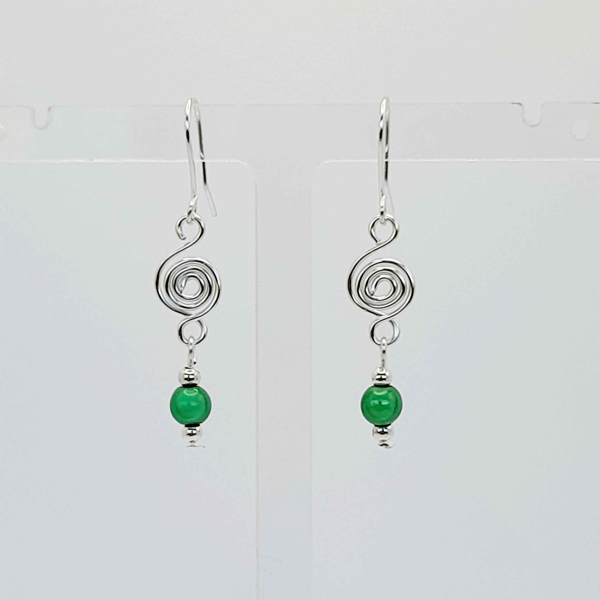 Dainty Silver & Green Spiral Earrings, Handmade, Lightweight & Pretty