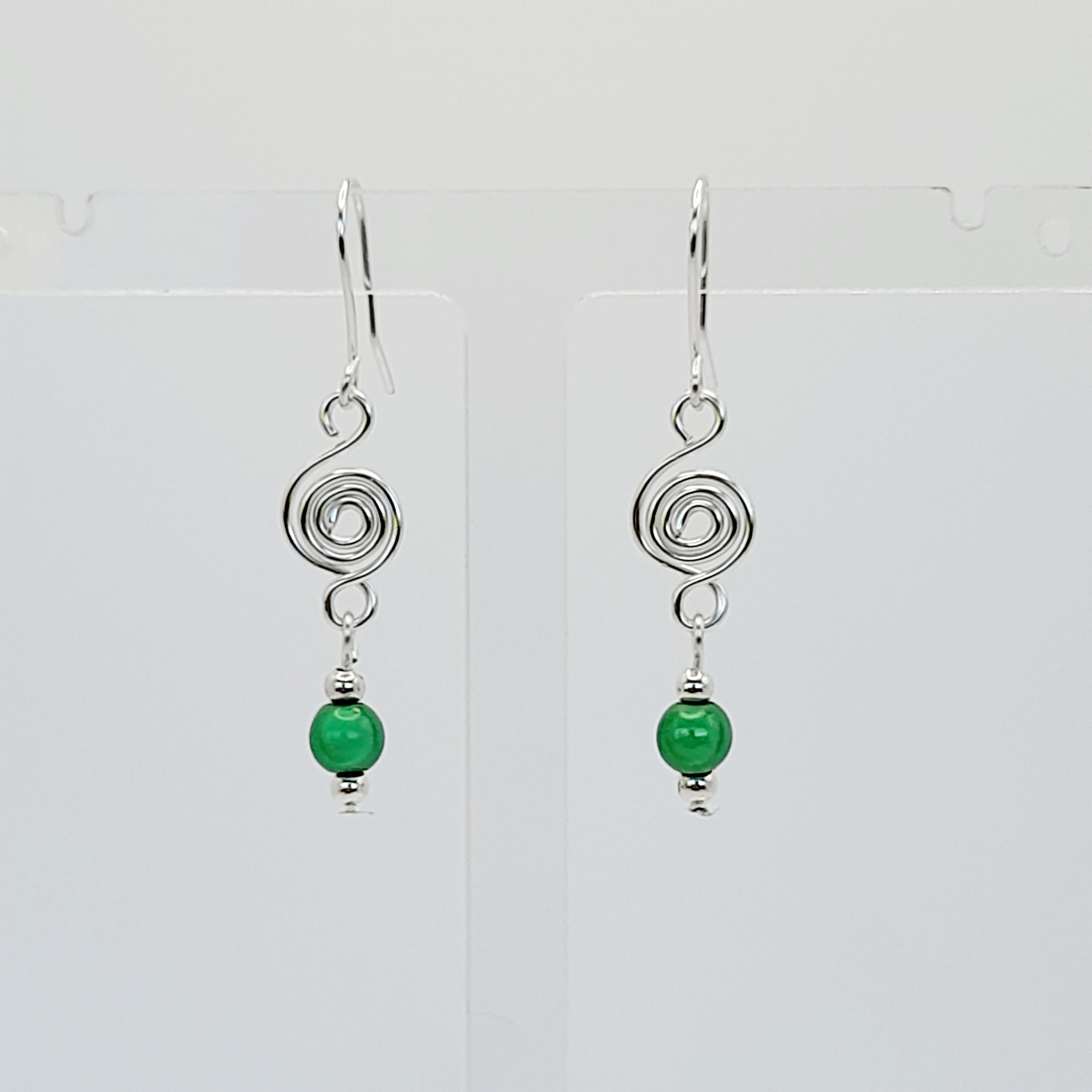 Dainty Silver & Green Spiral Earrings, Handmade, Lightweight & Pretty