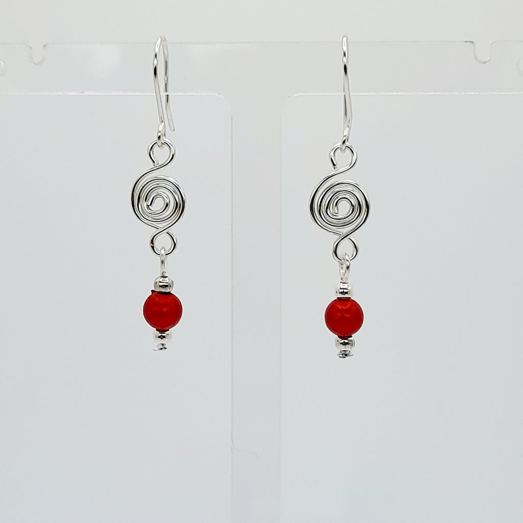 Dainty Silver & Red Spiral Earrings, Handmade, Lightweight & Pretty
