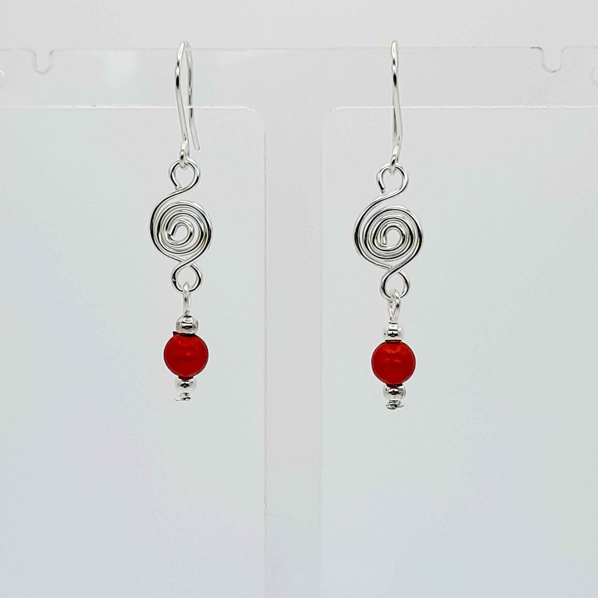 Dainty Silver & Red Spiral Earrings, Handmade, Lightweight & Pretty