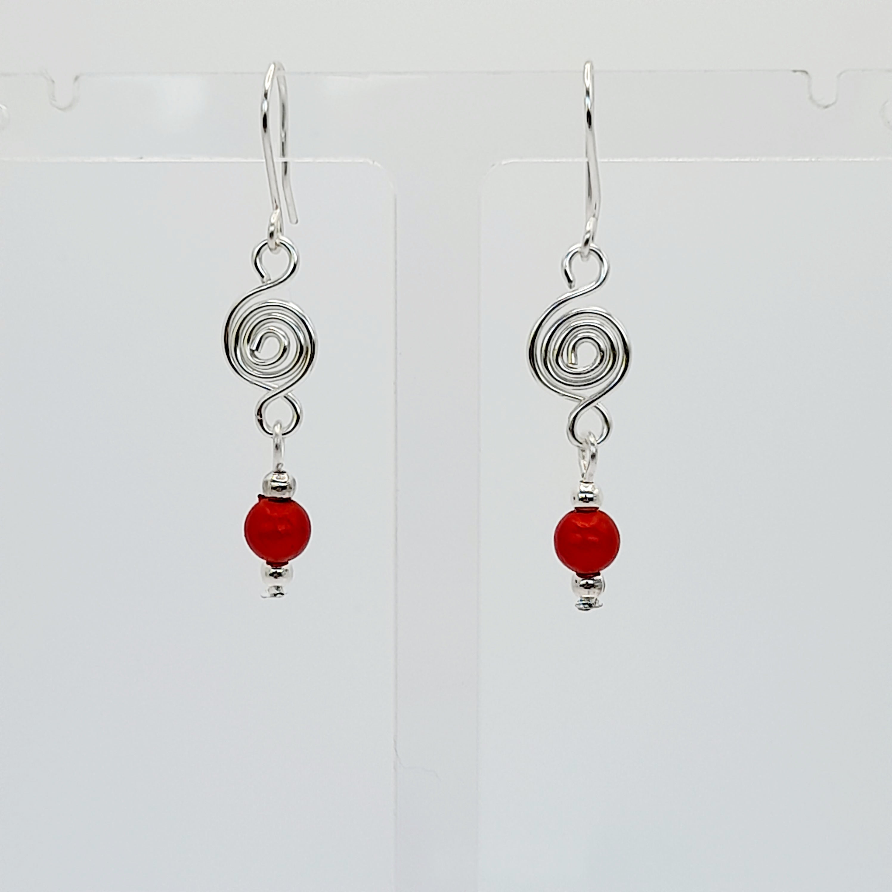 Dainty Silver & Red Spiral Earrings, Handmade, Lightweight & Pretty