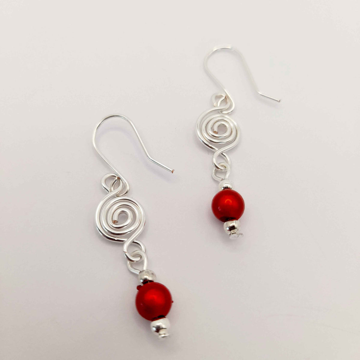 Dainty Silver & Red Spiral Earrings, Handmade, Lightweight & Pretty