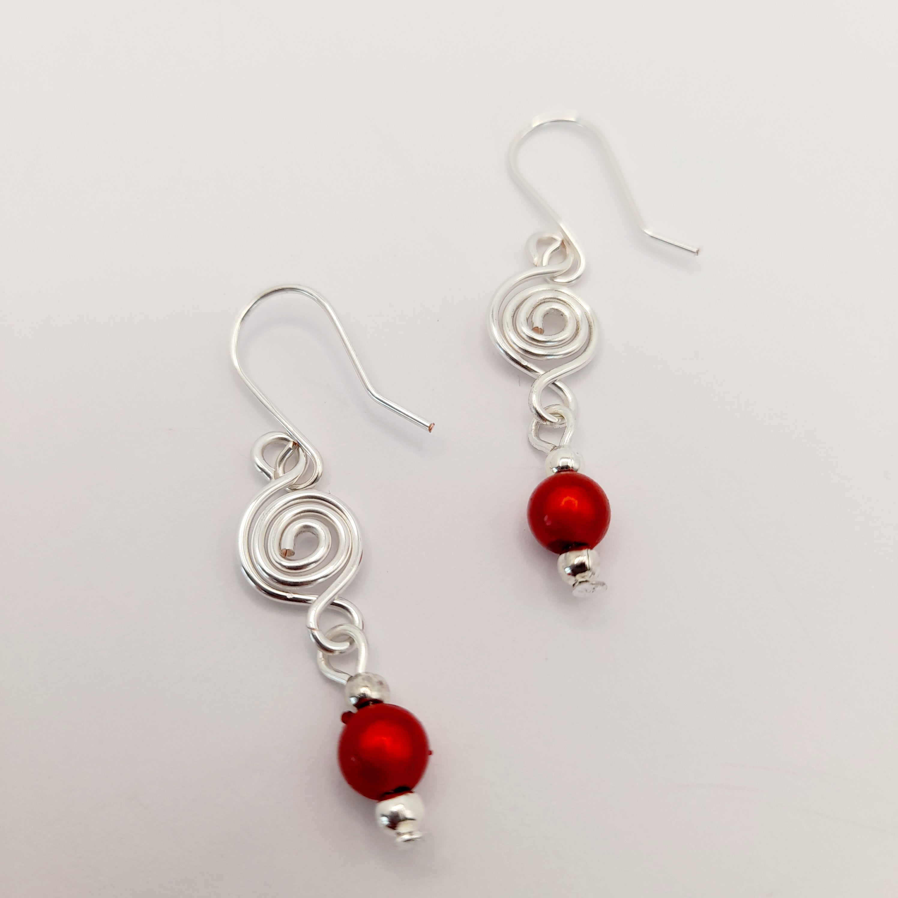 Dainty Silver & Red Spiral Earrings, Handmade, Lightweight & Pretty