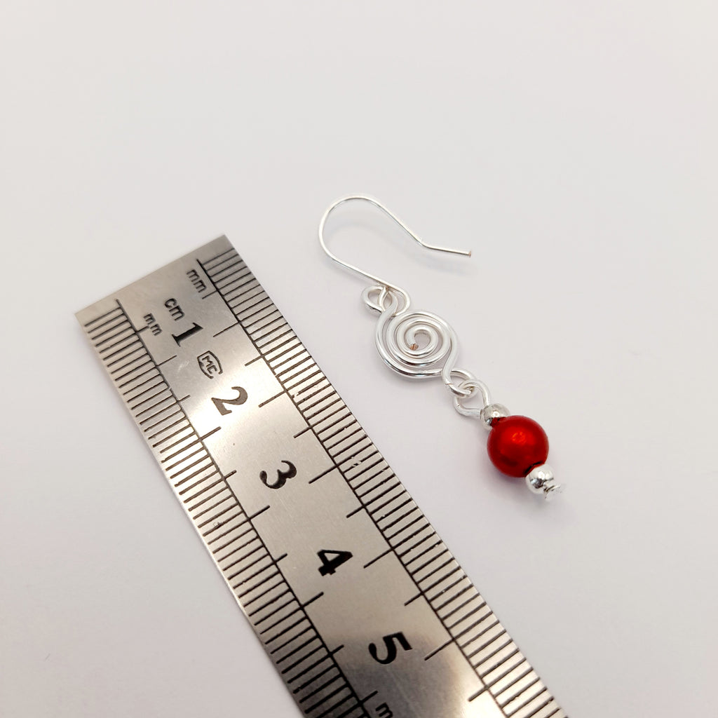 Dainty Silver & Red Spiral Earrings, Handmade, Lightweight & Pretty