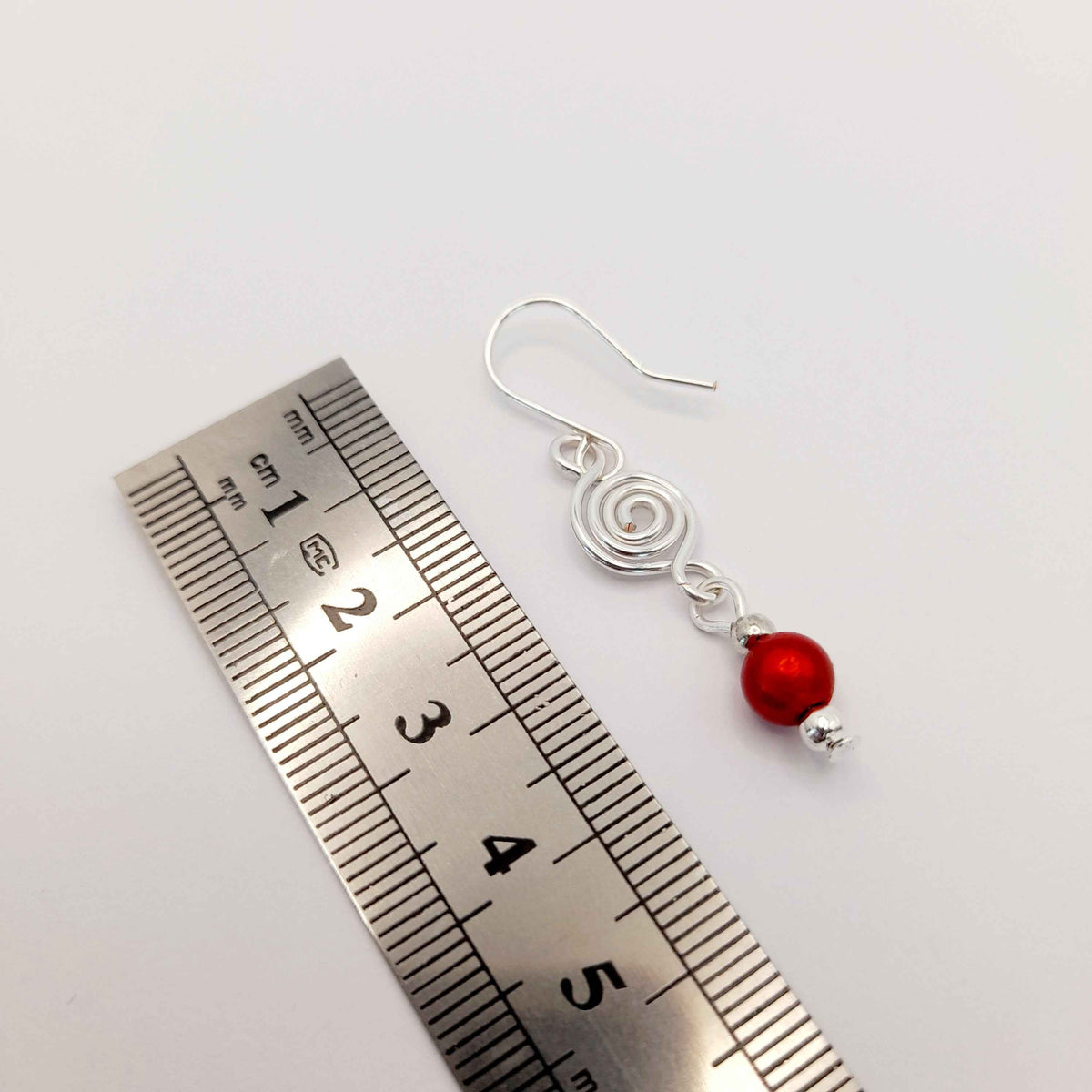 Dainty Silver & Red Spiral Earrings, Handmade, Lightweight & Pretty