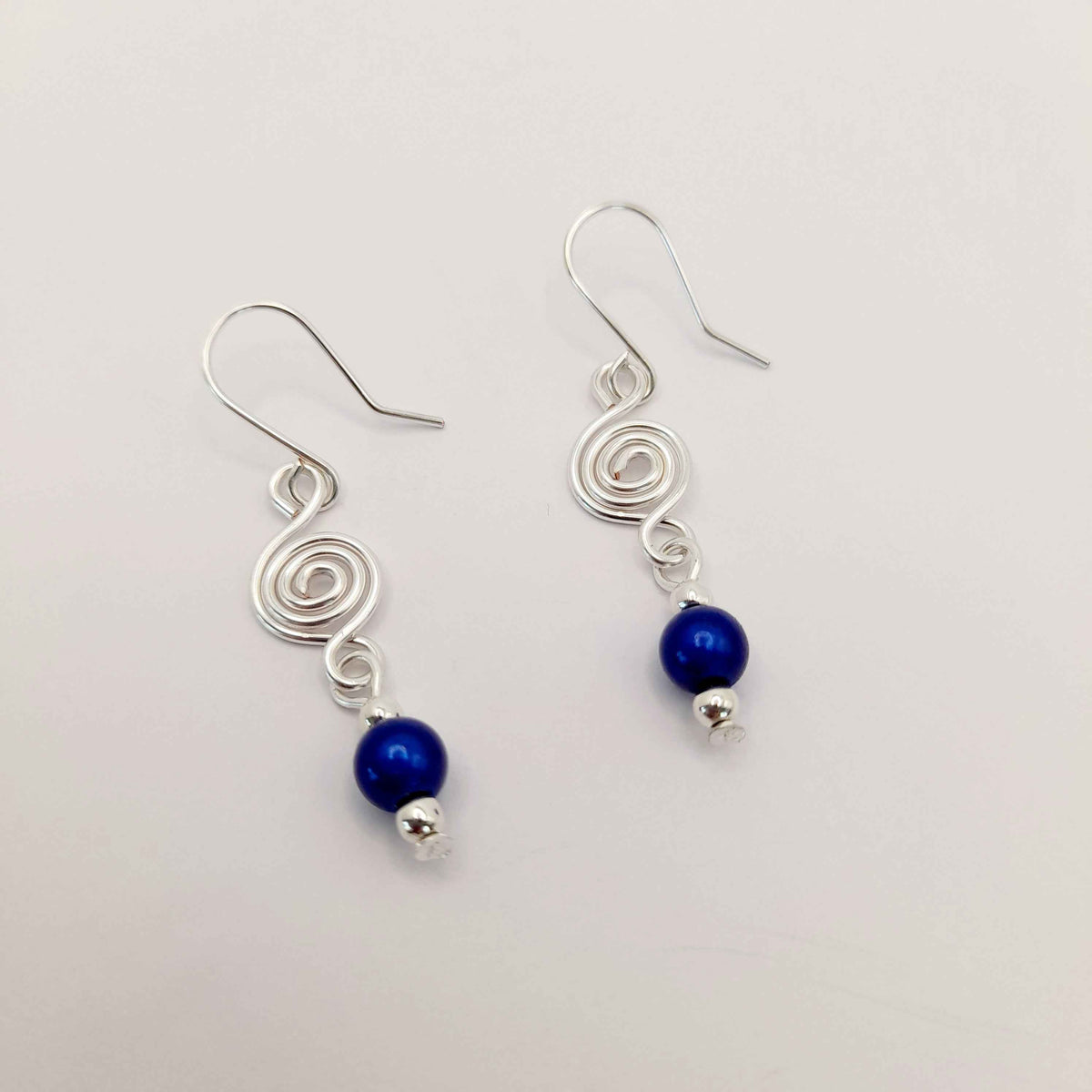 Dainty Silver & Blue Spiral Earrings, Handmade, Lightweight & Pretty