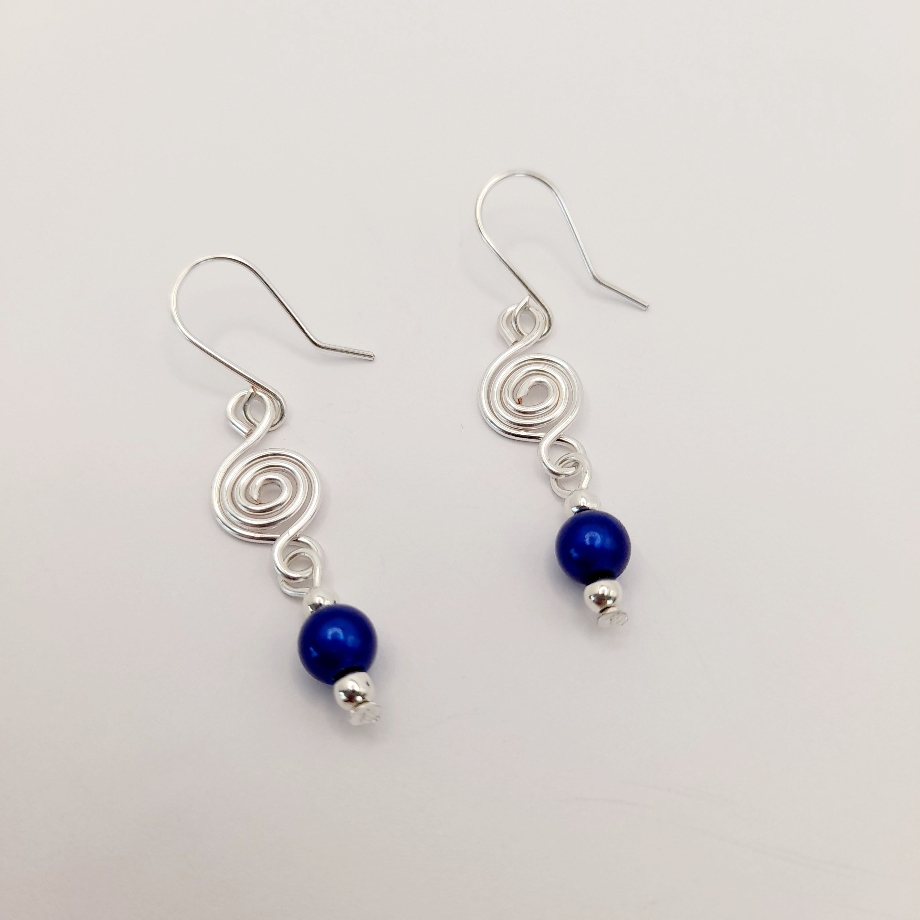 Dainty Silver & Blue Spiral Earrings, Handmade, Lightweight & Pretty