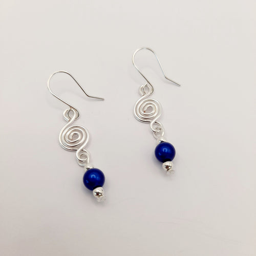 Dainty Silver & Blue Spiral Earrings, Handmade, Lightweight & Pretty