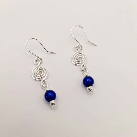 Dainty Silver & Blue Spiral Earrings, Handmade, Lightweight & Pretty