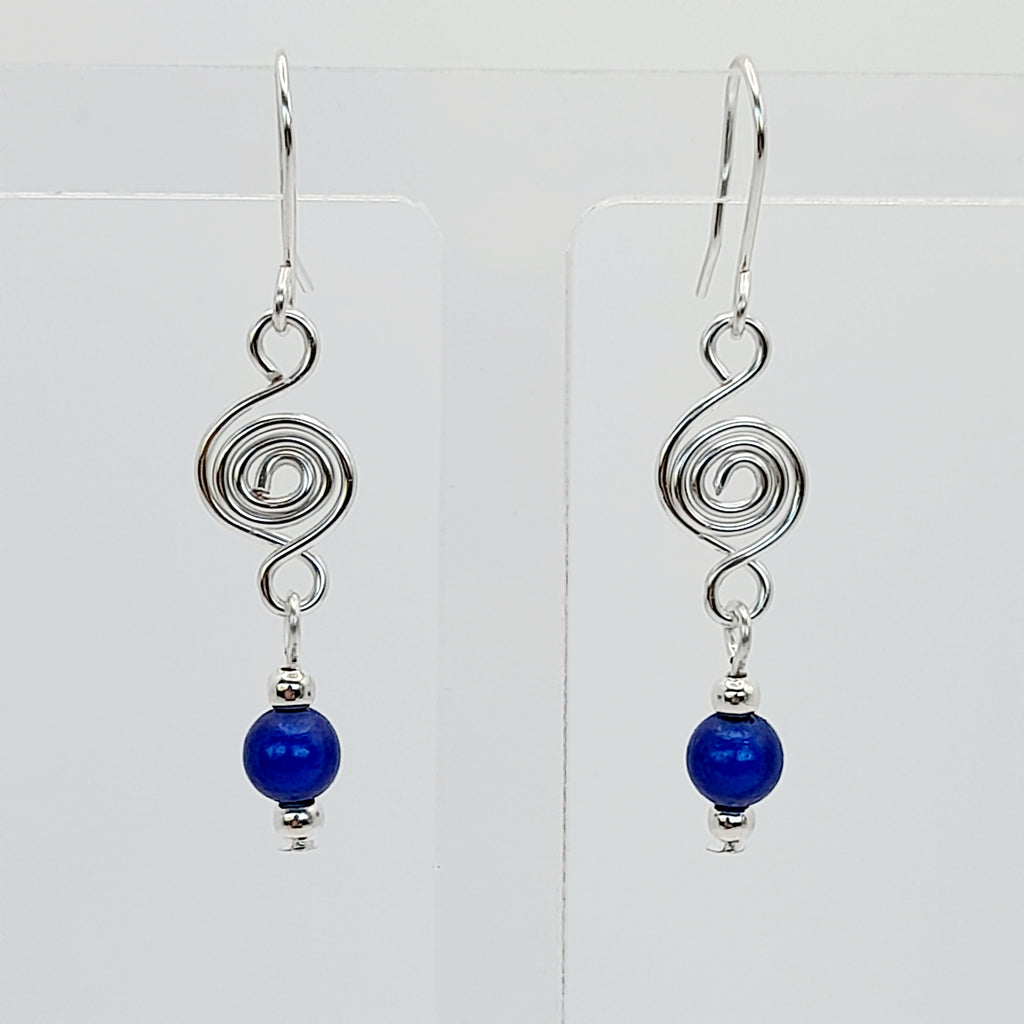 Dainty Silver & Blue Spiral Earrings, Handmade, Lightweight & Pretty
