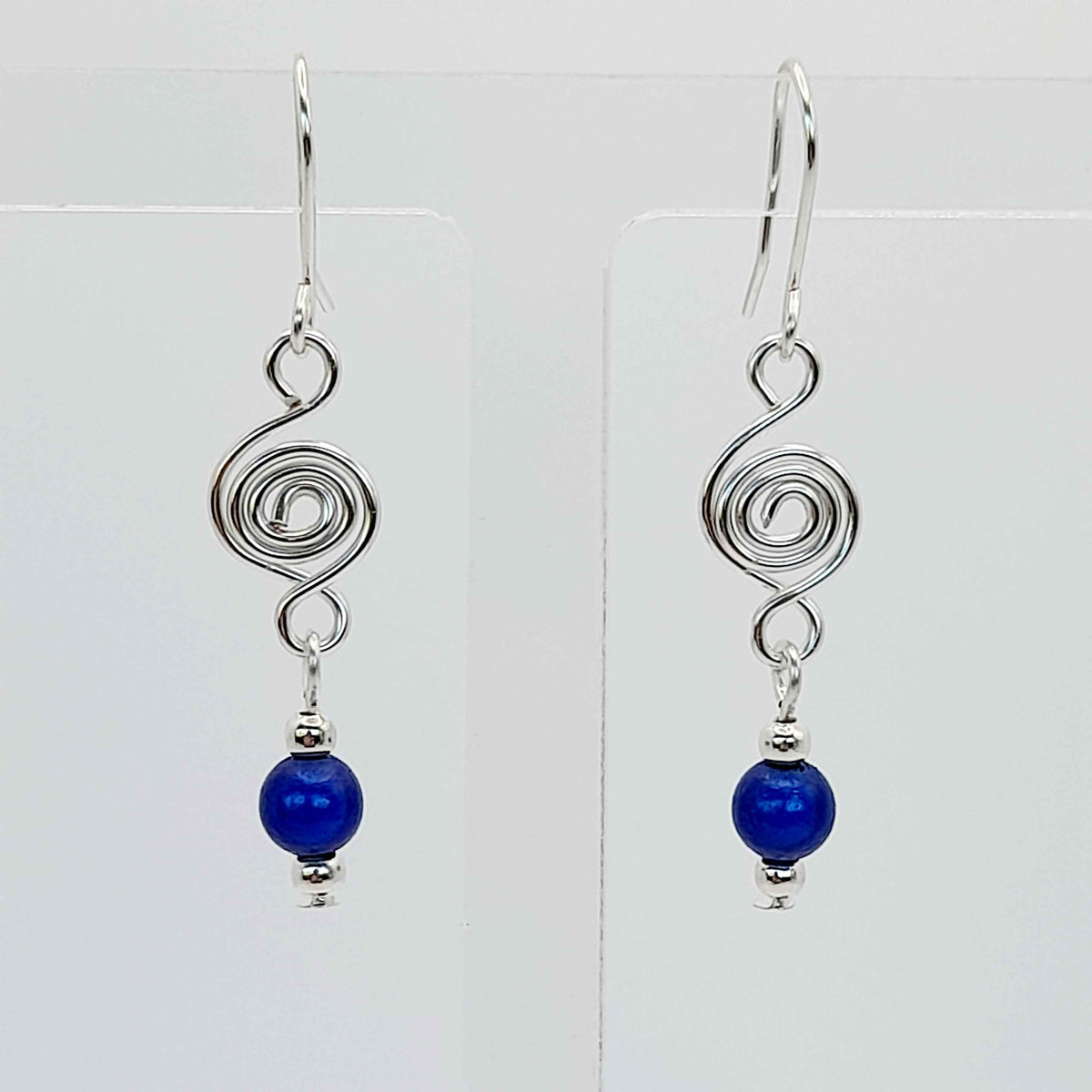 Dainty Silver & Blue Spiral Earrings, Handmade, Lightweight & Pretty